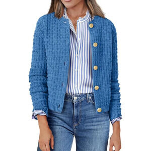 Women's Blue Cardigan Sweaters Long Sleeve Crew Neck Button Down Tweed Jackets